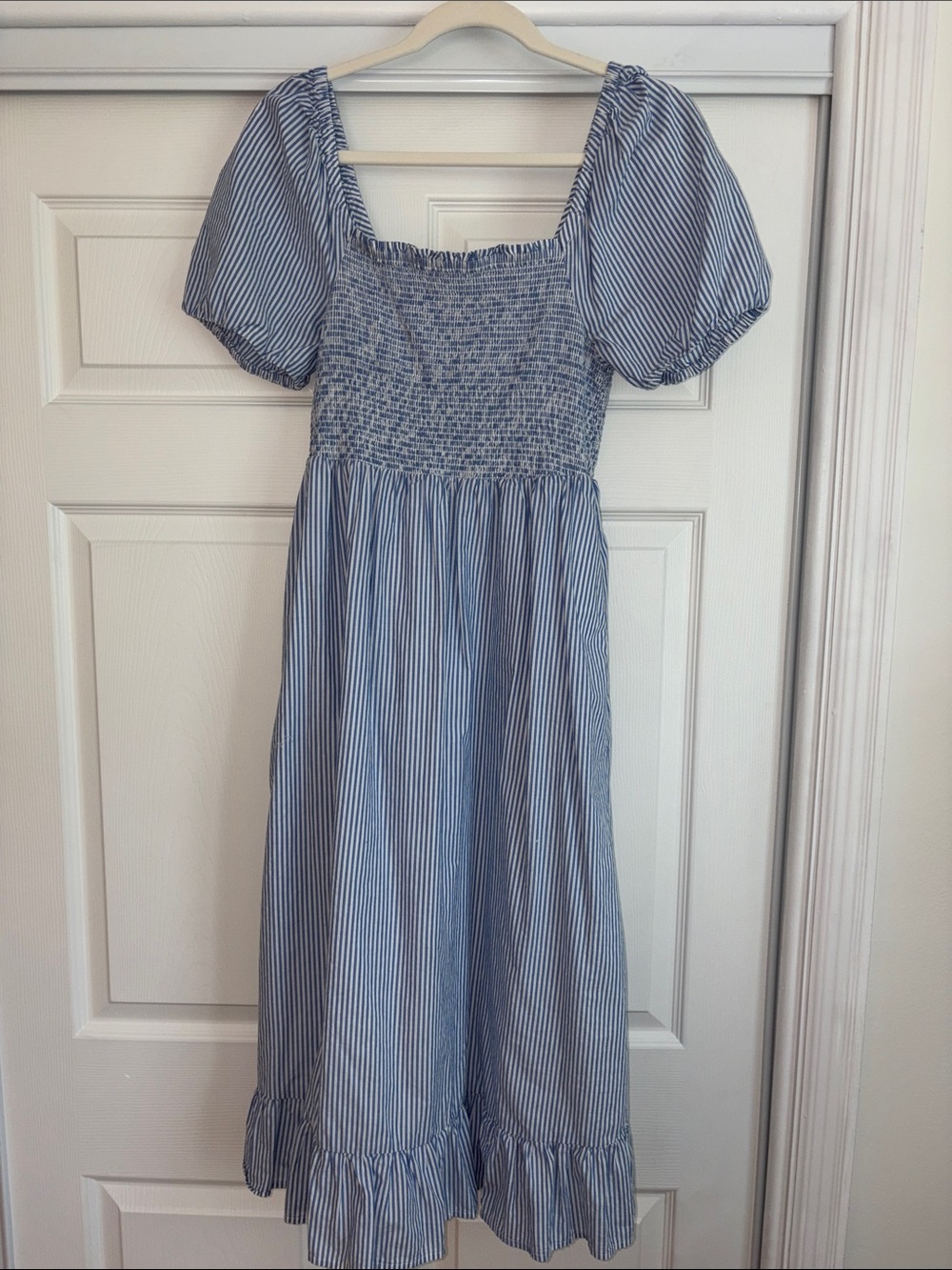 J. Crew Factory Blue and White Striped Smocked Midi Dress - Picture 8 of 8